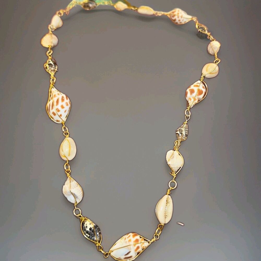 Gold Tone Link Chain Necklace White & Brown Oval Shell Beads Beach Theme